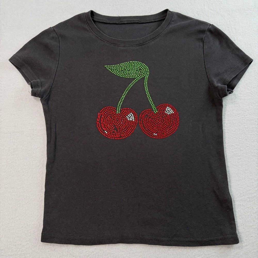 Black Cherry Rhinestone Graphic Y2K Baby Tee Womens Medium Coquette Soft Girl - Picture 2 of 9